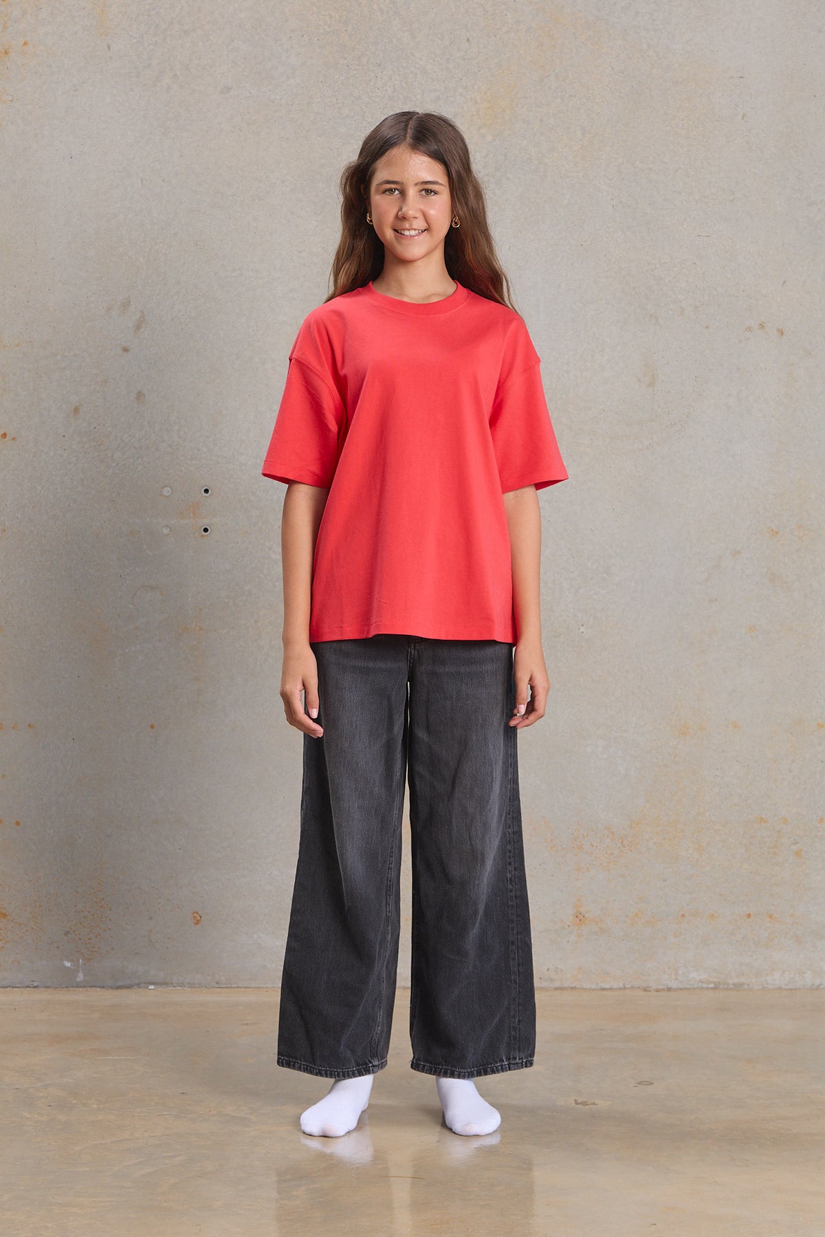 Youth Slouch Tee 401 in Hibiscus Red, organic cotton youth blank