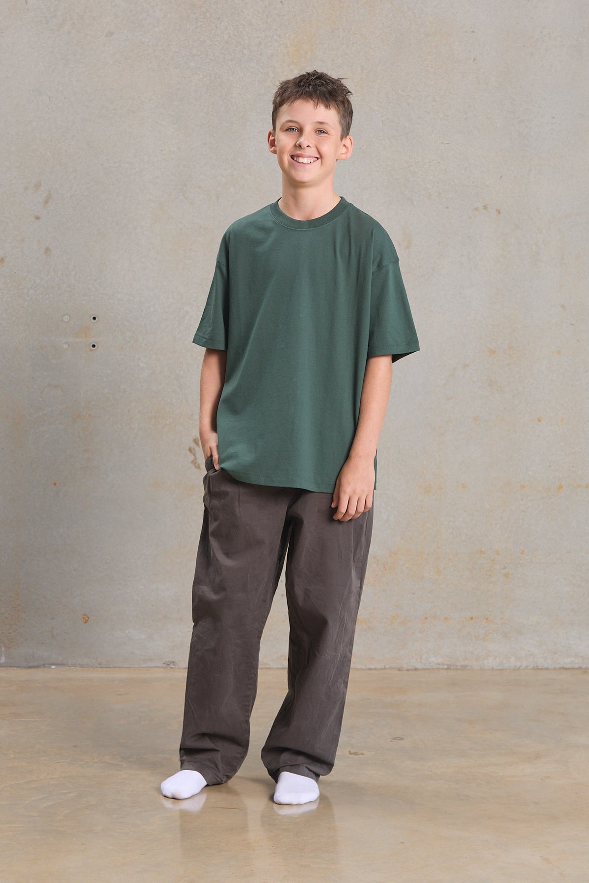 Youth Slouch Tee 401 in Woodland Green, organic cotton youth blank